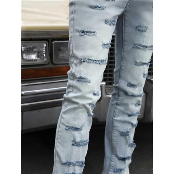 New w Tags Men's Ripped Bootcut Jeans Slim Fit Bell Bottom Ripped Flared Denim - Picture 3 of 6